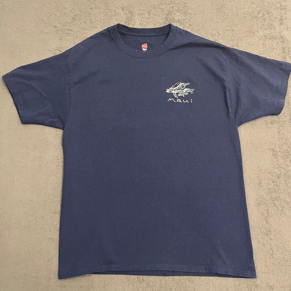 Vintage Maui Hawaii Shirt Mens Large Blue Whales Maui Hanes 100% Cotton 90s y2K